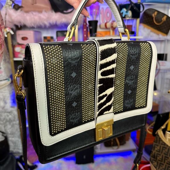MCM Calfhair Zebra print Calf Skin Visetos Little Veronika Satchel Black Crossbo - Picture 2 of 16